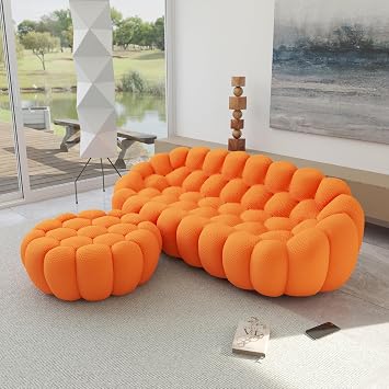 JACH Bubble Sofa with Ottoman, Curved Couch, Comfy Upholstered Sofa, Mesh Fabric 3D Honeycomb Shape Modern Couch for Living Room, Office, Apartment, Small Space Orange