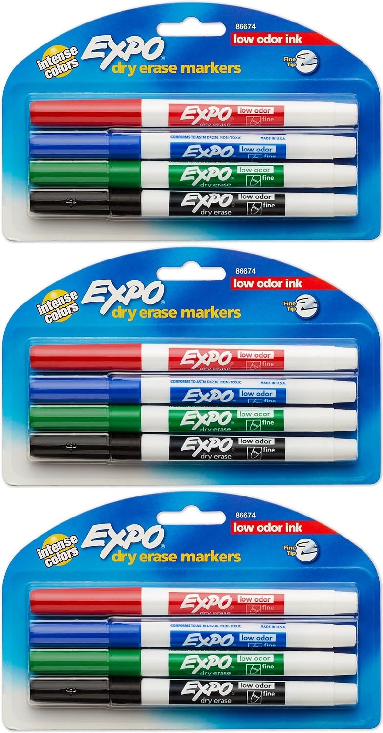 Expo Low-Odor Dry Erase Markers, Fine Point, 12-Pack, Assorted Colors