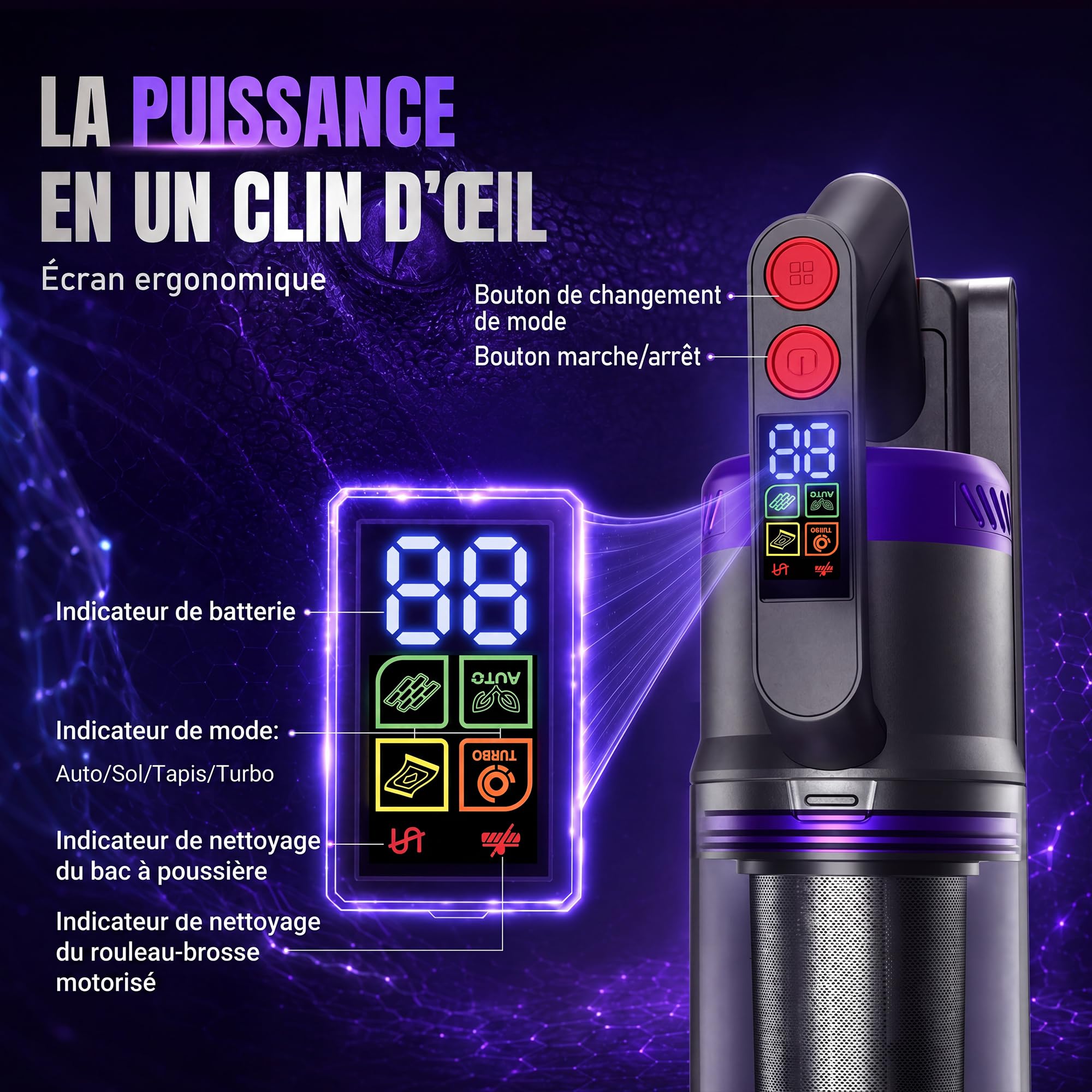 Aspirateur Balai sans Fil 600W/58000Pa/75min, Aspirateur sans Fil Puissant avec Écran LED Intelligent, Mode Automatique, Station de Charge, pour Tapis, Sols Durs, Poils d'animaux