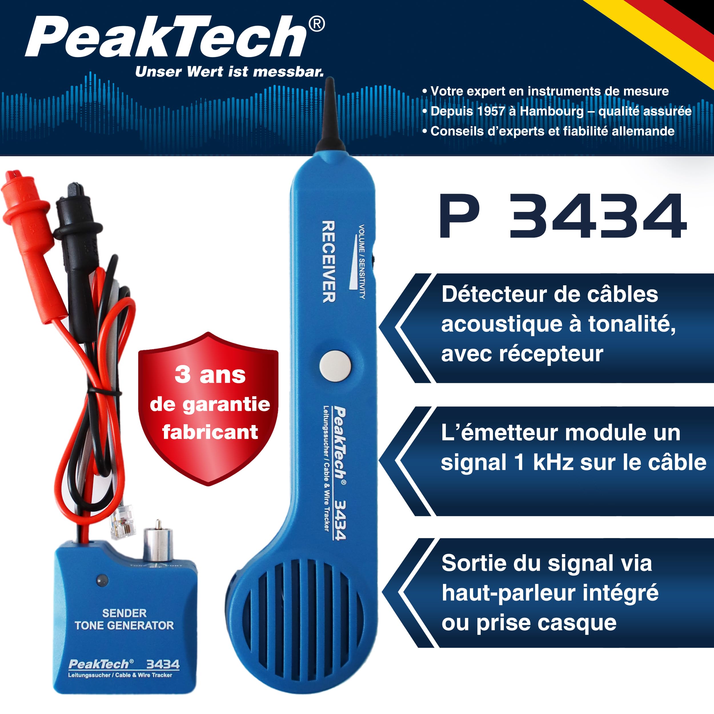 PeakTech 3434 Détecteur de câbles pour lignes & câbles téléphoniques [garantie de 3 ans] Détecteur de câbles avec testeur de continuité & signal sonore, pinces crocodile