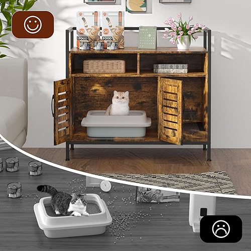 Miniatura 5 de EasyCom Caja de arena para gatos, mueble oculto con puertas, 2 compartimentos de almacenamiento, marco de metal, armario de madera para gatos con
