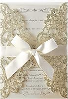 Vista 10 de Hosmsua - 50 tarjetas de invitación de boda con forma de rosa de encaje cortadas con láser y lazo con sobres para despedida de soltera, compromiso