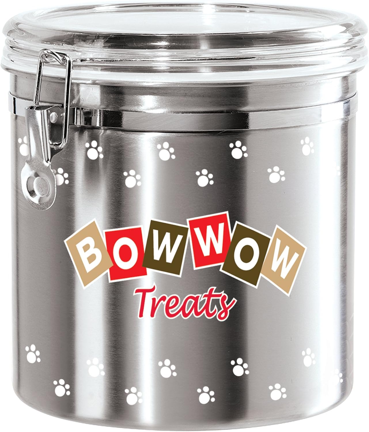 Oggi 8314 Jumbo Airtight Stainless Steel Pet Treat Canister with Bow Wow Motif-Clear Acrylic Flip-Top Lid and Locking Clamp Closure, 130…