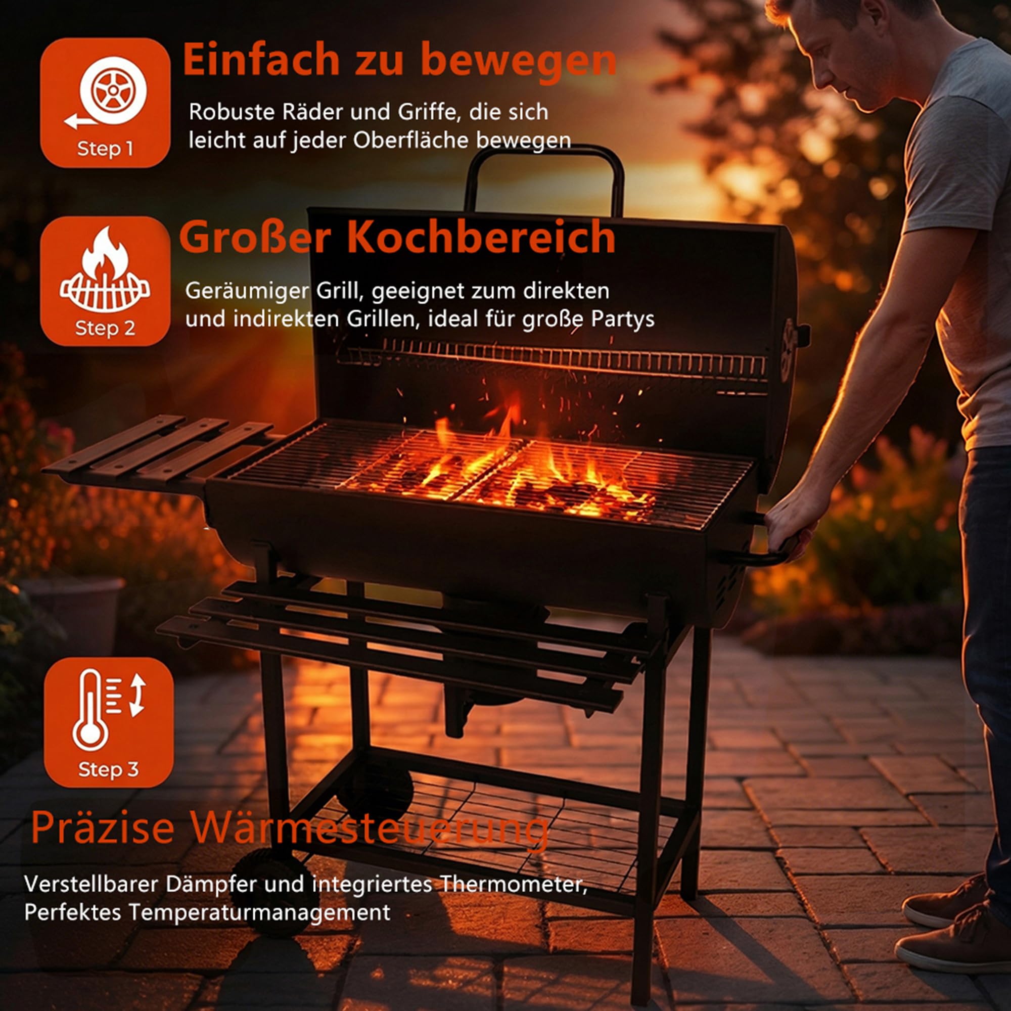 Huacan Holzkohlegrill Groß mit Deckel und Gusseisen Grillrost, Edelstahl Kohlegrill Wagen mit 2 Holzplattenhalter, Rädern und Heißschutzgriff. Grillofen für Garten, Terrasse, Camping 112 * 63 * 97CM