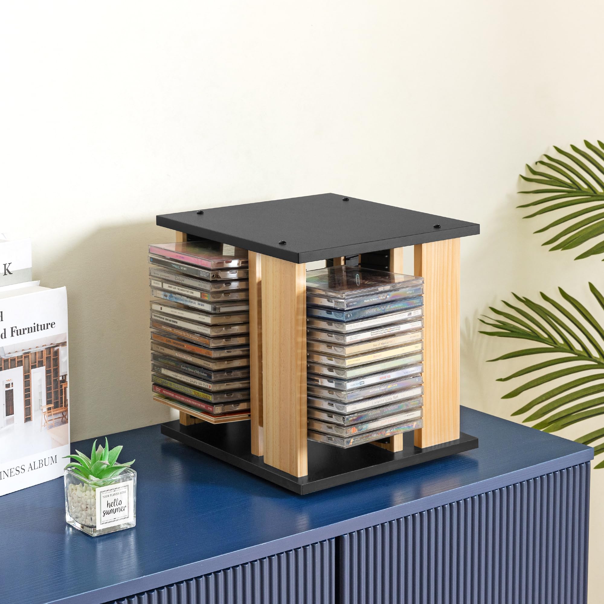 WelFurGeer CD-Aufbewahrungsregal aus Massivholz, um 360 ° drehbarer CD-Hüllenhalter - Halten Sie bis zu 68 CD-Hüllen, DVD-Hüllen-Aufbewahrungsregal, CD/DVD-Organizer-Regal für Zuhause, Büro, Theater