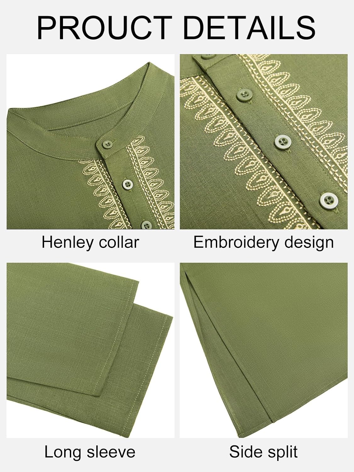 Yousify Mens Kaftan Thobe Casual Henley Shirts Button up Long Sleeve Robe Muslim Gown Shirt