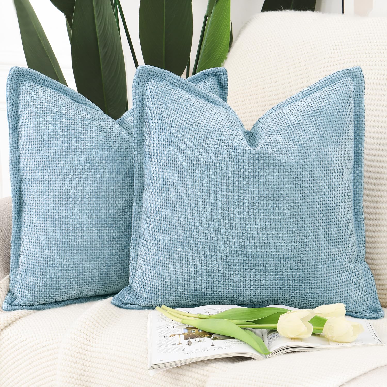 Madizz Set of 2 Chenille Velvet Cushion Covers with Flange Soft Boho Textured Throw Pillow Covers Broadside Pillowcases Modern Farmhouse Home Decor for Sofa Bedroom Light Blue 16x16 inch