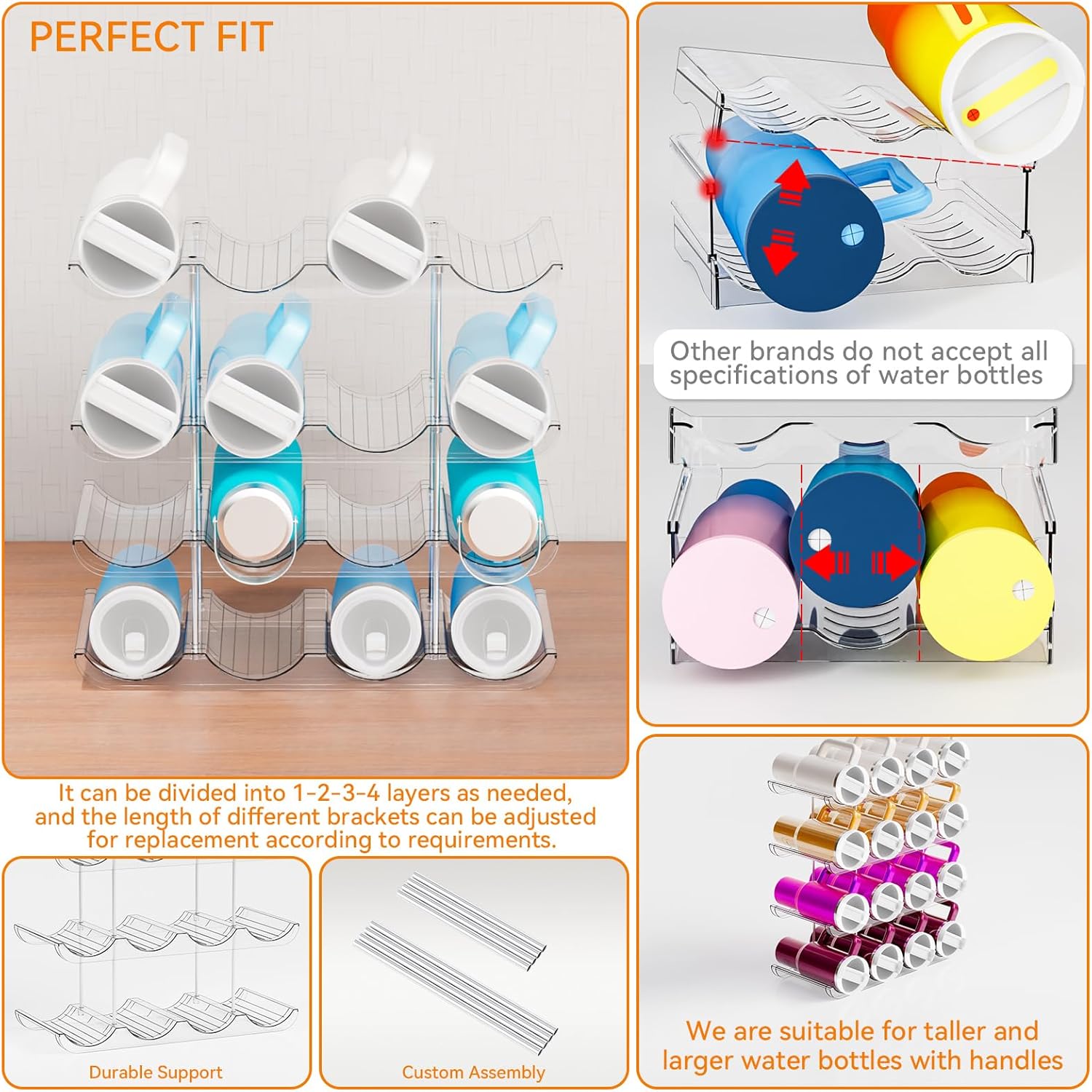 Yieach 2 Tier Water Bottle Holder for Cabinet,Acrylic Wine Rack and Stackable Water Bottle Organizer for Pantry - Waterbottle Organizer for 40 oz Stanley Cup Holder and Other Tumbler Organizers - Image 6