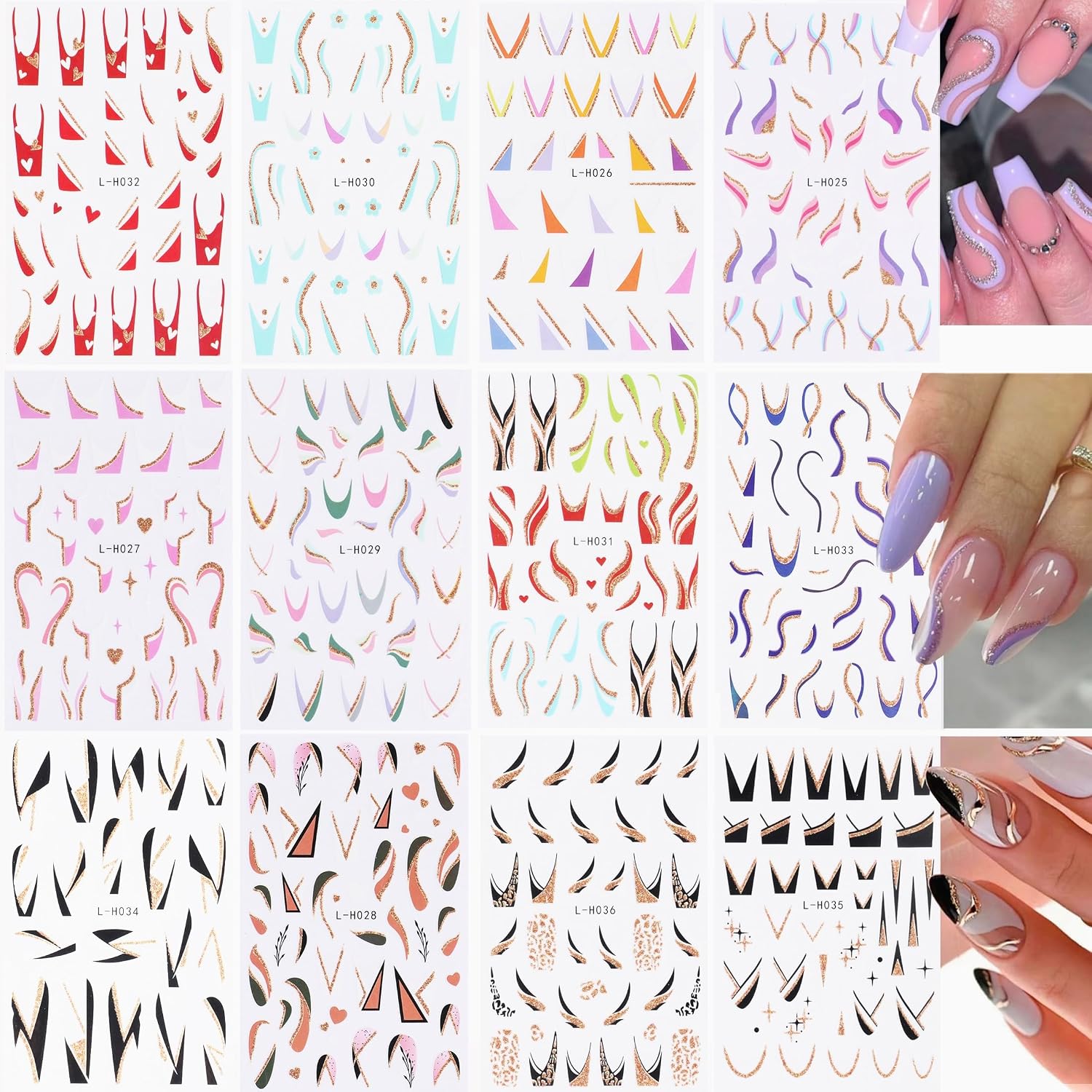 12 Sheets French Tip Nail Art Stickers, Rosymormor Gradient 3D Self-Adhesive Colorful Geometric Salon-Quality Women Nail Manicure Guides Nail Decals Nail Designs Stripe Nails Supplies DIY Nail Decor