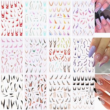 12 Sheets French Tip Nail Art Stickers, Rosymormor Gradient 3D Self-Adhesive Colorful Geometric Salon-Quality Women Nail Manicure Guides Nail Decals Nail Designs Stripe Nails Supplies DIY Nail Decor