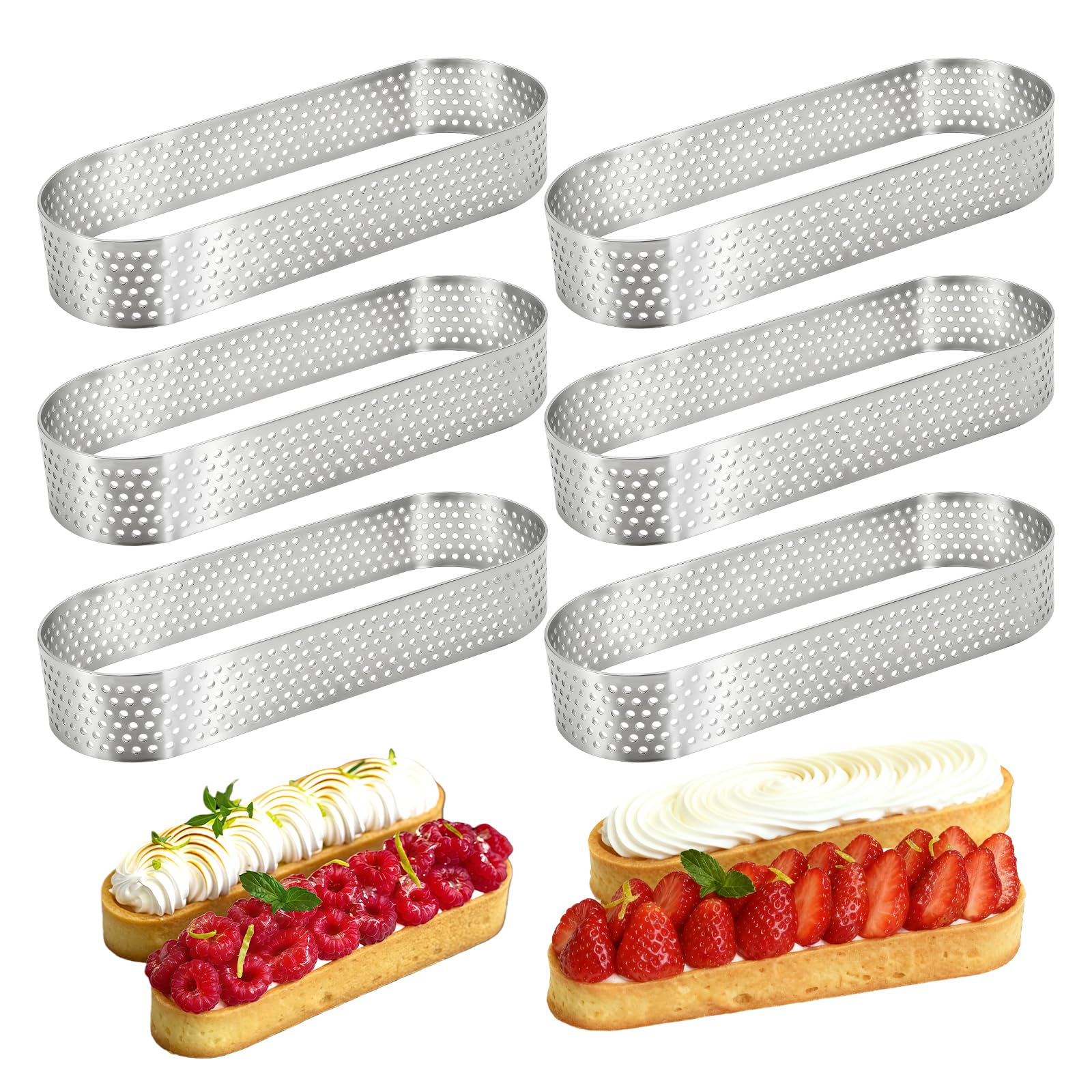 Zestaw 6 owalnych foremek do tartalet z nierdzewnej stali, okrągłe formy do ciasta, odporne na wysoką temperaturę, idealne do tart i ciast, perforowane formy do ciasta dla idealnego pieczenia