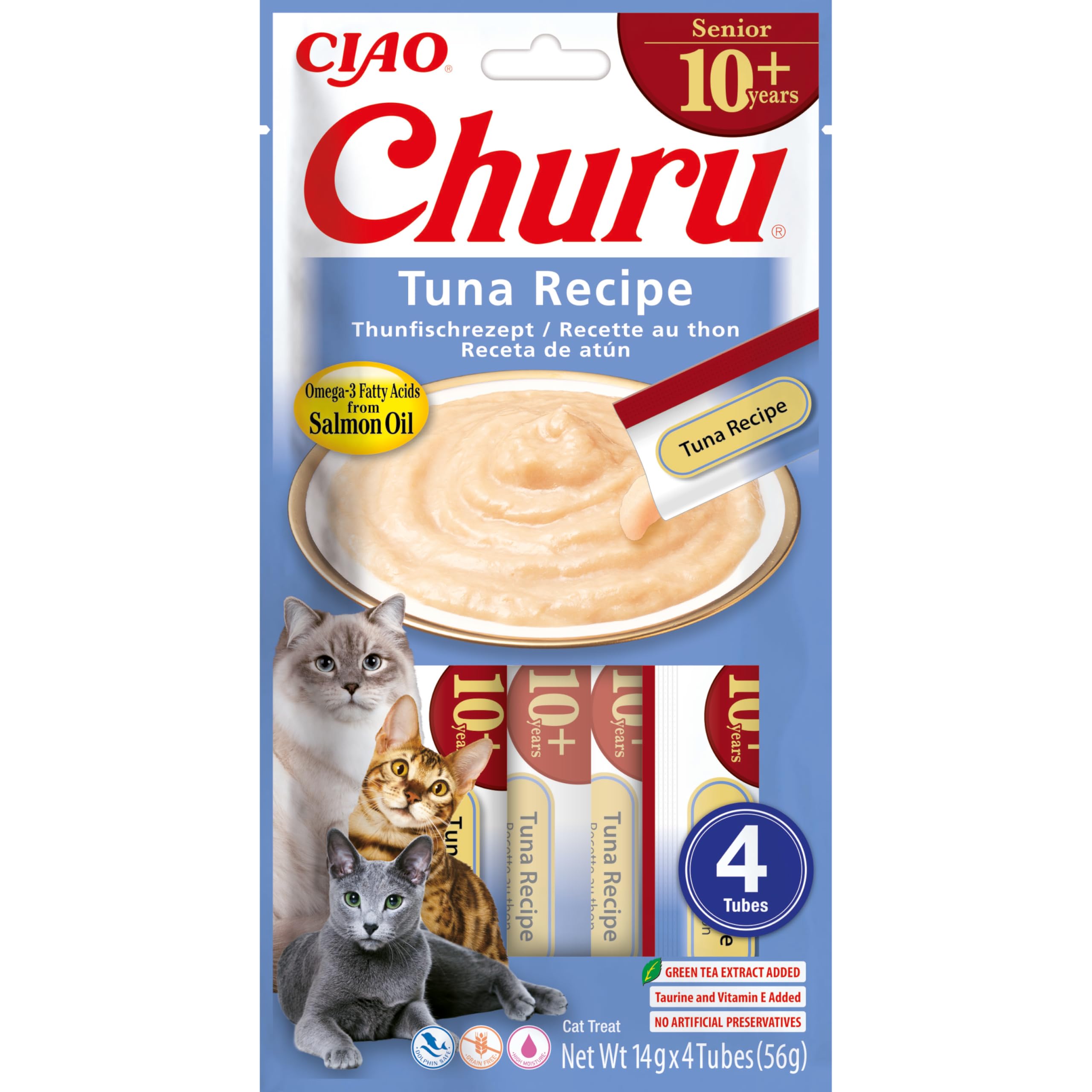 INABA Churu Sticks for Senior Cats - Tuna - 1 Pack (4 x 14g) / Soft & Creamy INABA Cat Treat, Delicious & Healthy Snack, Lickable Sticks, Purée Food Topper, Pill Assist, Natural, Grain Free