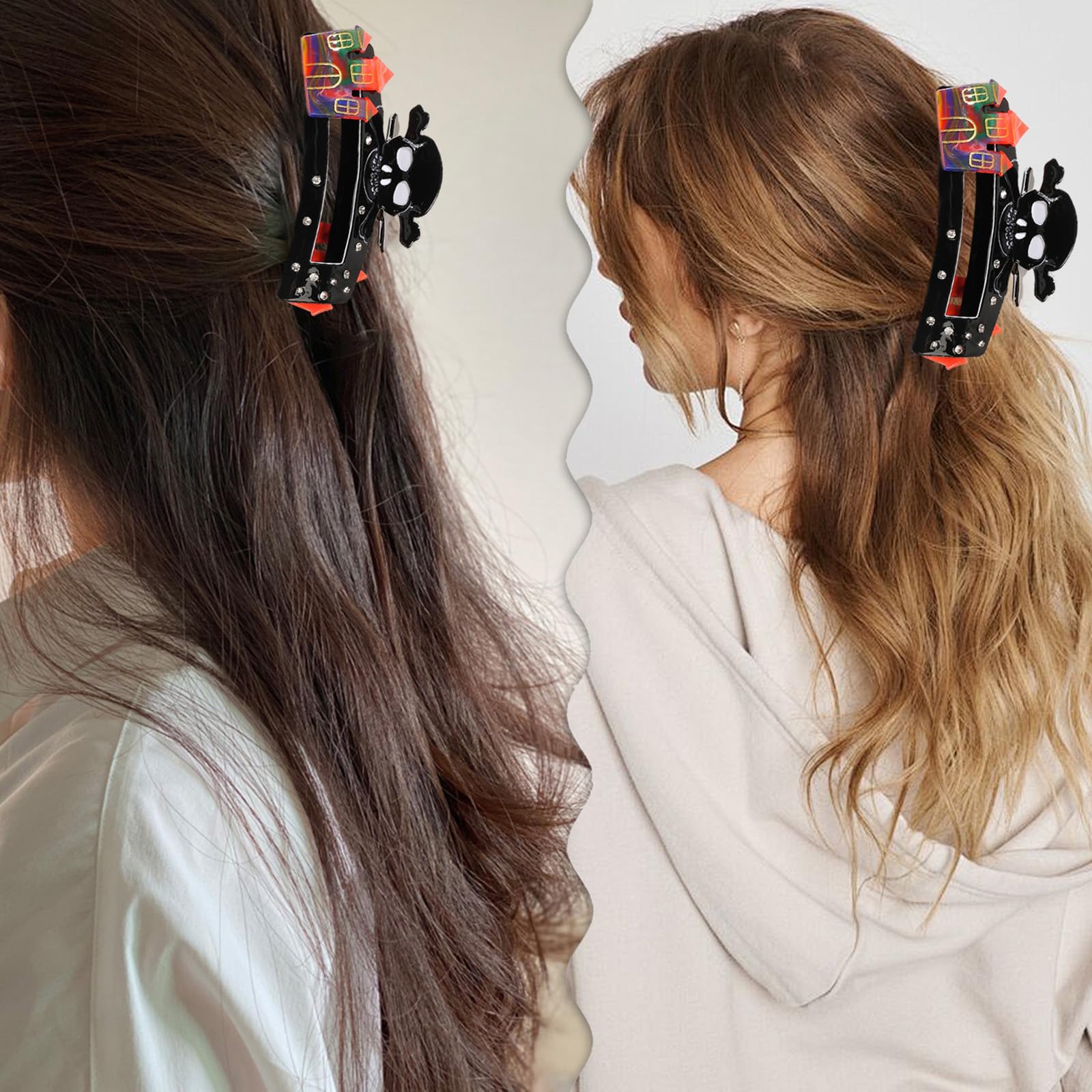 MMNHJHUT Halloween Black Hair Clips,Skull & Castle Design Claw Clips,Glossy Acrylic Hairpins for Thick Hair,Strong Hold Hair Jaw Clip Rhinestone Hair Clips Halloween Hair Accessories for Women Girls