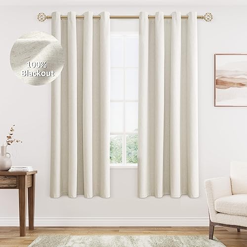 Miniatura 43 de Cream Linen Blackout Curtains 96 Length 2 Panels Set for Living Room Bedroom, 100% Black Out Thermal Insulated Linen Drapes, Room Darkening Grommet