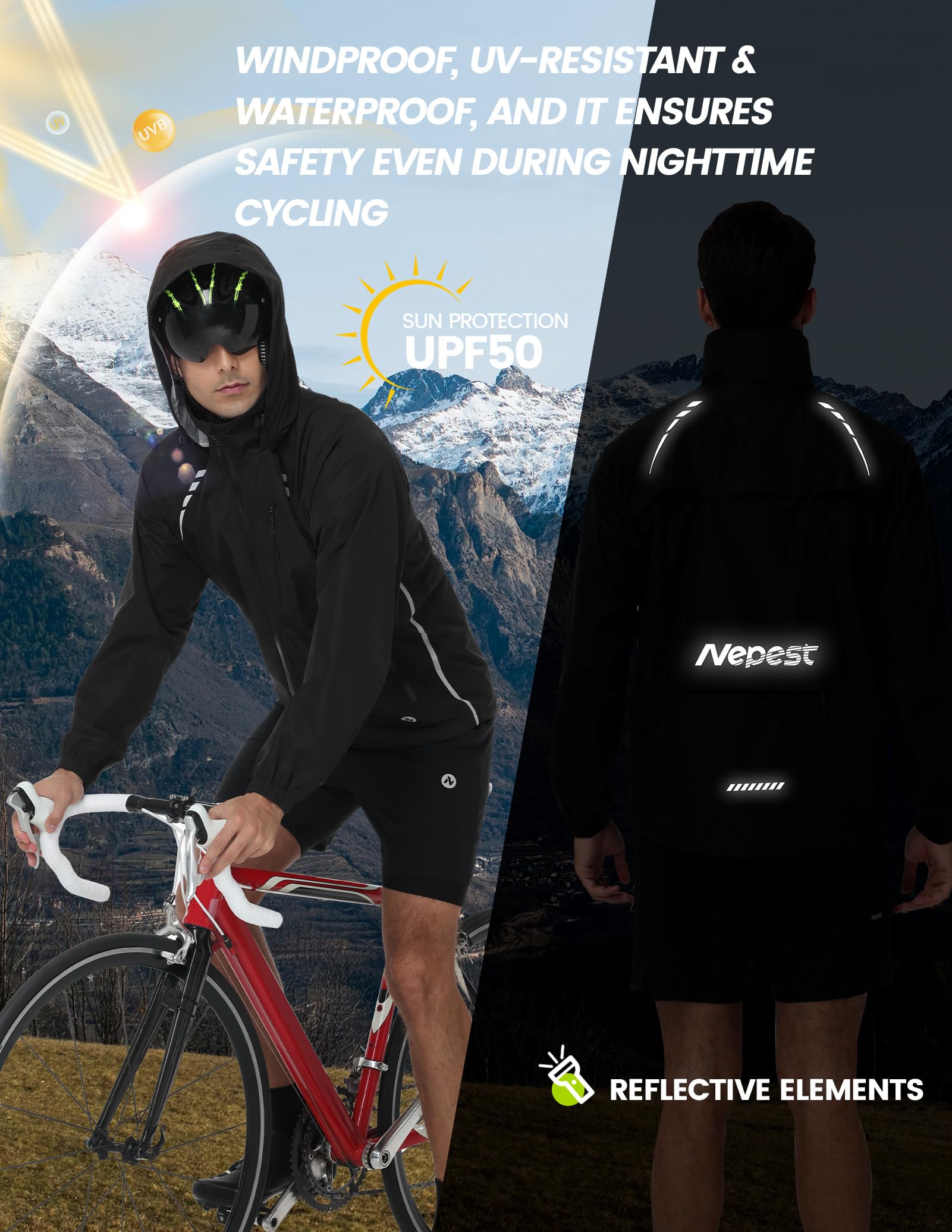 Nepest Chaqueta de ciclismo impermeable para hombre, protección contra la lluvia 10K H2O + transpirabilidad 5K, 6 bolsillos, reflectante, UPF50+, abrigo resistente al viento para MTB Running