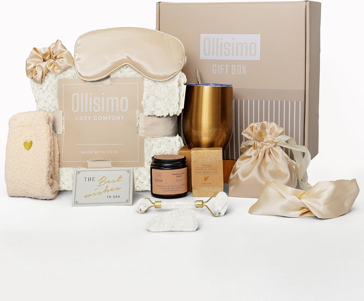 Luxury Gift Basket for Women – Spa Self Care Kit, Hug in a Box, Get Well Soon Package, Thinking of You Gift, Birthday Box, Relaxing Set, Sympathy Present for Her, Mom, Wife, Sister (Ivory)