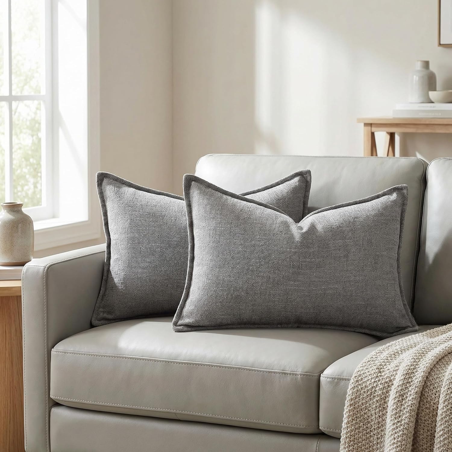 BOYSUM 12x20 Pillow Covers Set of 2 Chenille Linen Textured Throw Pillow Covers for Couch Sofa Hidden Zipper Decorative Cushion Cases Modern Farmhouse Neutral Home Decor Coffee