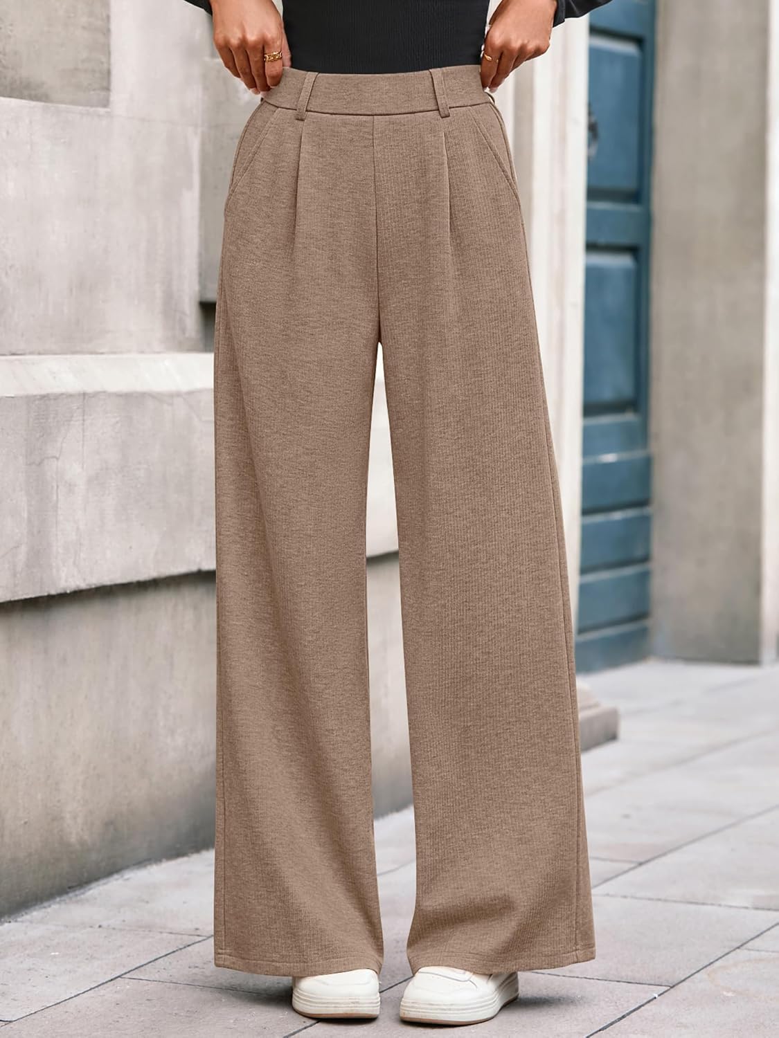 BTFBM Wide Leg Pants for Women Dressy Work Business Casual Elastic High Waisted Trousers Ribbed Lounge Palazzo Pants - Image 6