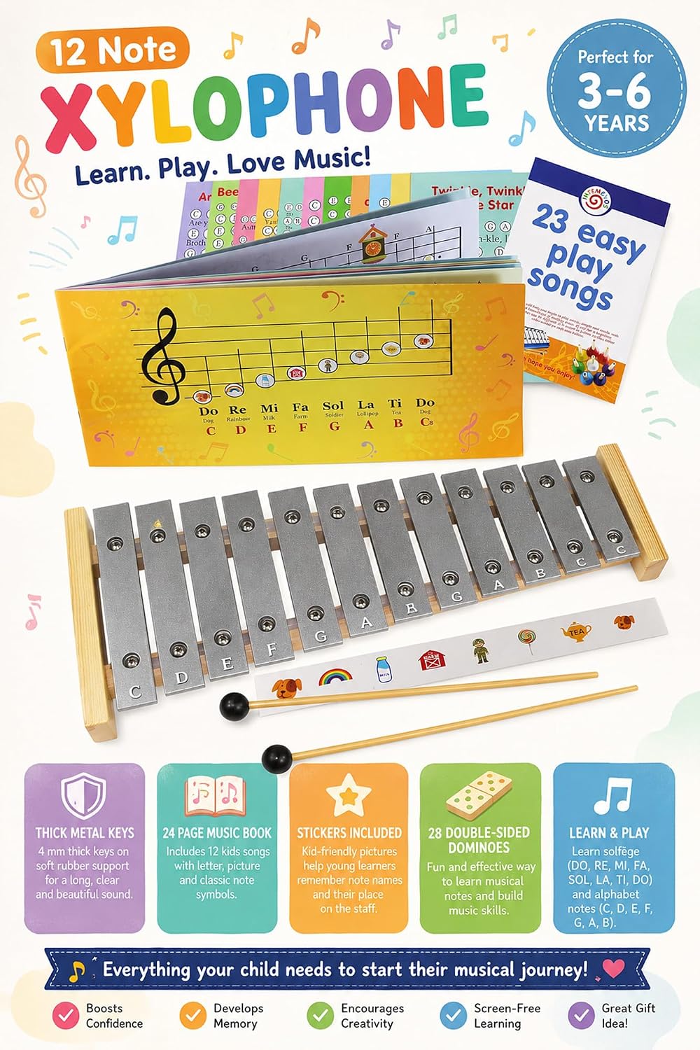 Glockenspiel 12 Note - Play-by-Picture Xylophone with Sheet Music Book - 34 Easy Play Songs