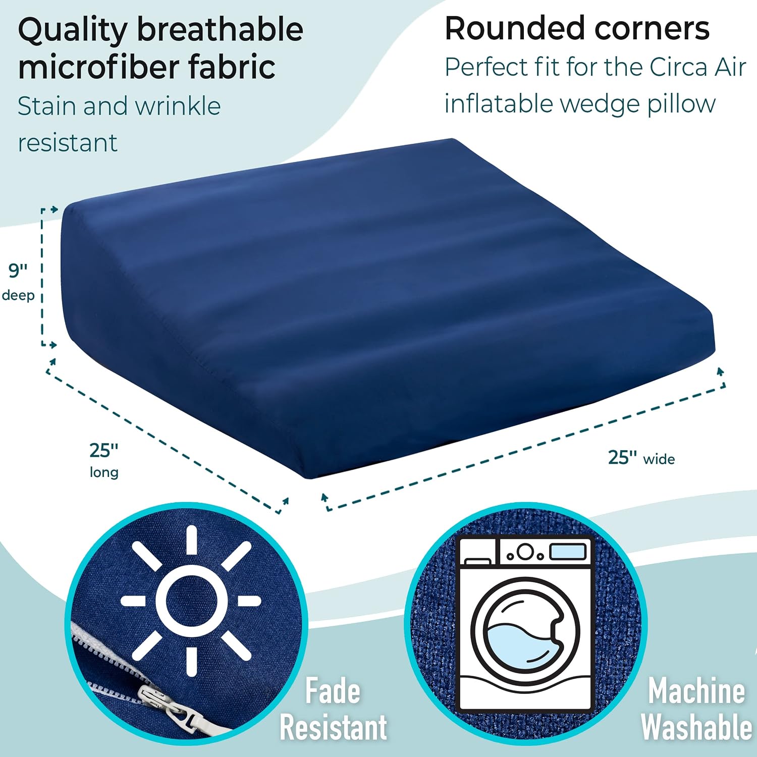 Circa Air Wedge Pillow Cover - Bed Case for Inflatable Wedge (24x24x8) Ultra Soft, 100% Microfiber With Zip Cover, Machine Washable, Blue