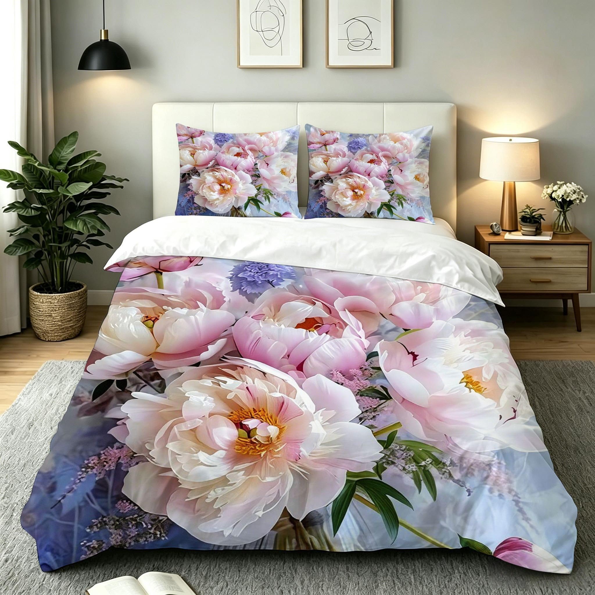 Copripiumino Matrimoniale Peonia Bianca 260x240, ZW684 | Traspiranti Durevoli Microfibra, per Tutta la Famiglia, Matrimoniale, per Tutte le Stagioni, con 2 Federe 50x80 cm
