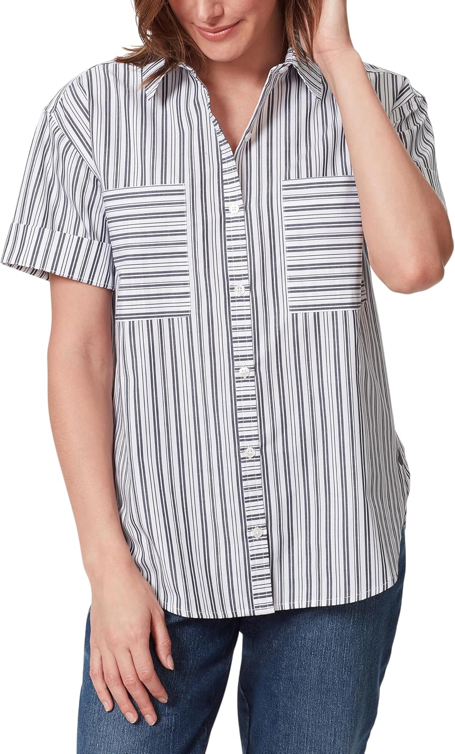 Gloria Vanderbilt Womens Amanda Button Down Shirt with Cuffed Short Sleeves and Patch Pockets Standard