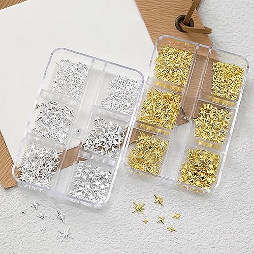 Miniatura 10 de XEAOHESY 3 cajas de dijes dorados para uñas, anillo de forma irregular, estrella y luna, remaches de uñas de metal, tachuelas de uñas plateadas,