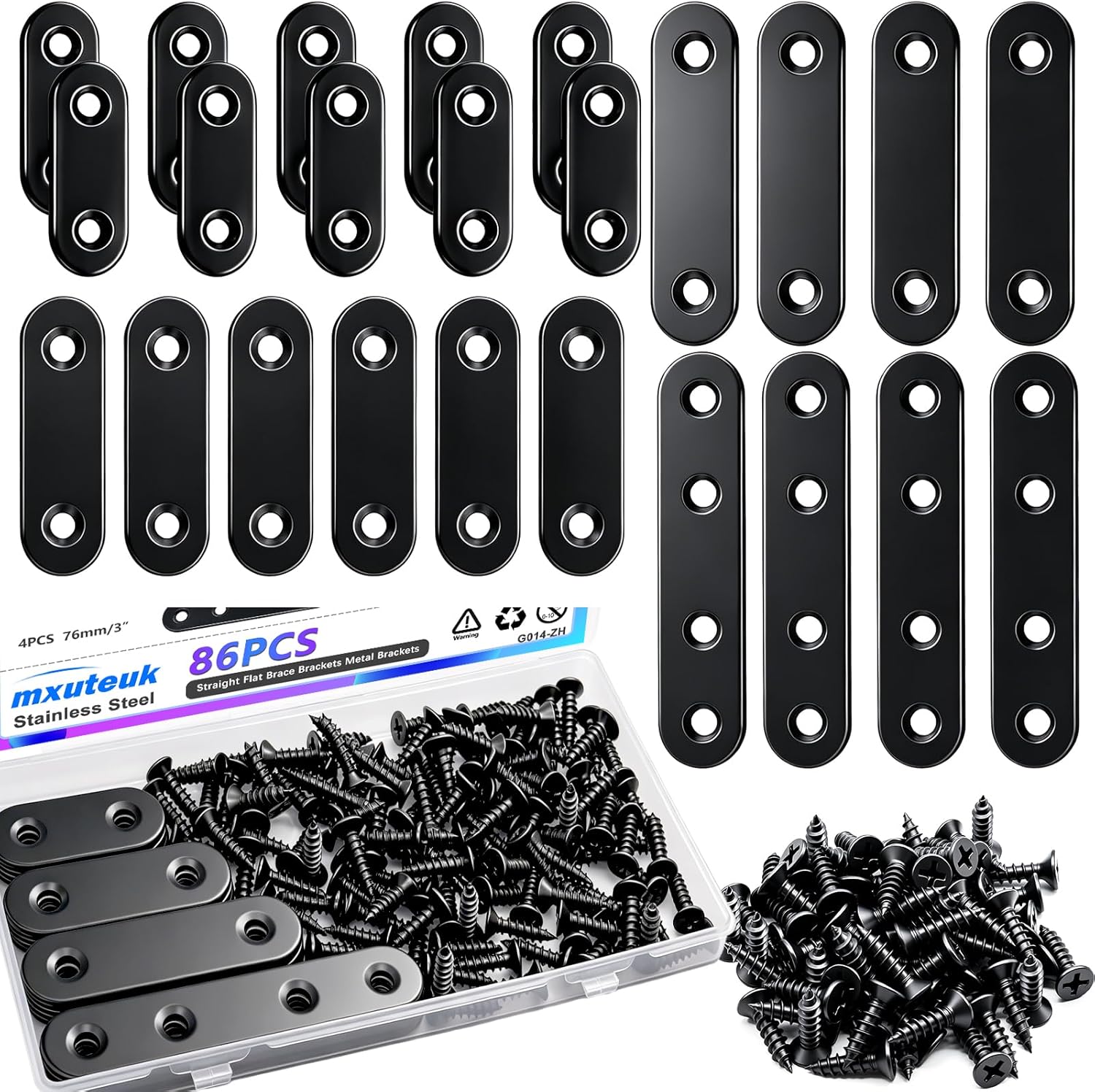 mxuteuk 86pcs Black Straight Flat Bracket,Stainless Steel Black Flat Brackets for Wood,Metal Mending Plate with Screws 36mm/46mm/56mm/76mm