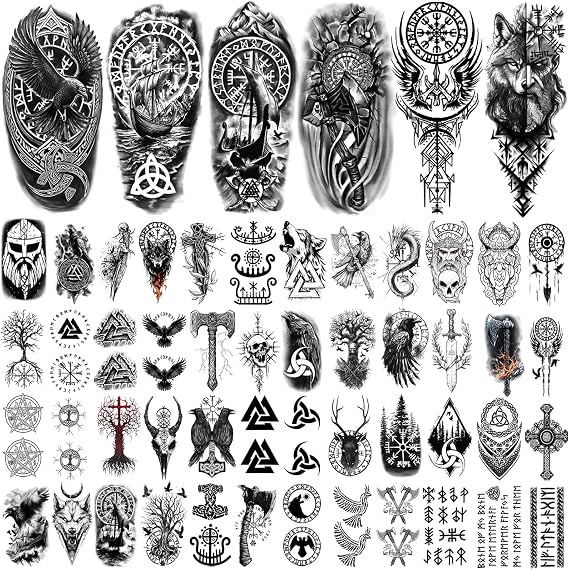 77 Sheets Viking Temporary Tattoo for Women Men, Half Arm Nordic Celtic Lion Wolf Tiger Skull Skeleton Fake Tattoos, 60 Sheets Ealge Tribal Tiny for Adult Kids Body Tattoos Stickers Realistic