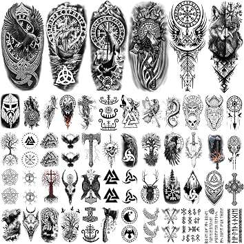 77 Sheets Viking Temporary Tattoo for Women Men, Half Arm Nordic Celtic Lion Wolf Tiger Skull Skeleton Fake Tattoos, 60 Sheets Ealge Tribal Tiny for Adult Kids Body Tattoos Stickers Realistic