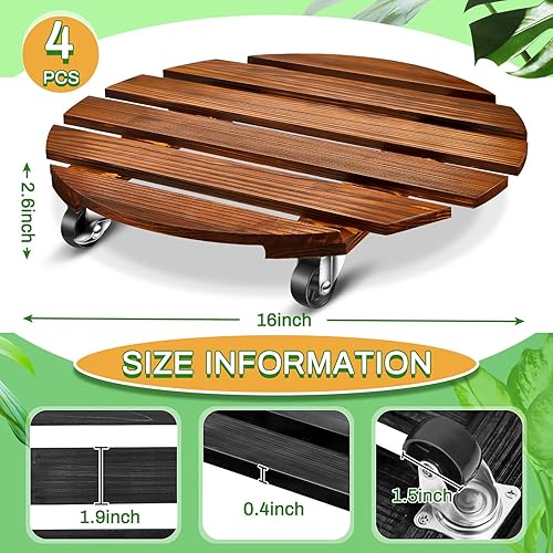 Miniatura 2 de Taiyin Paquete de 4 soportes de madera para plantas de 16 pulgadas con ruedas bloqueables, soporte rodante resistente de 220 libras con ruedas, base