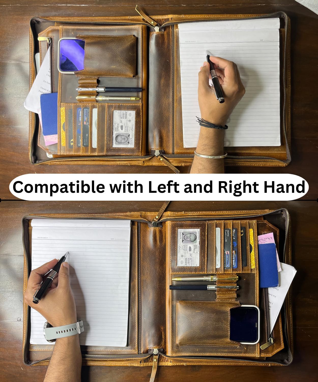 Leather Portfolio for Men - Full Grain Leather Padfolio Folder - Zipper Folio Documents Organizer - Professional Business Executive Gift for Men Women