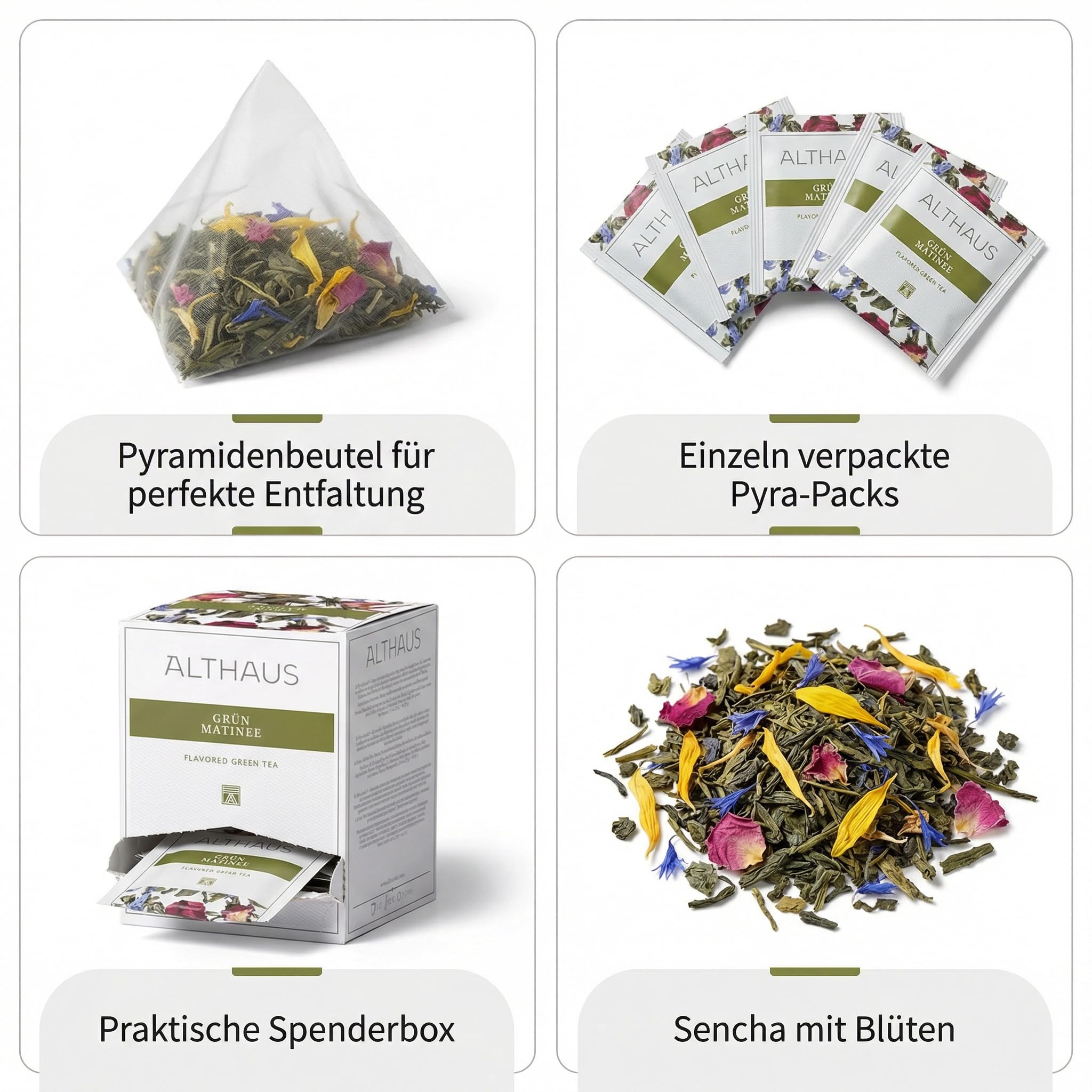 ALTHAUS Grüner Tee Grün Matinee, aromatisierter Sencha Tee mit Blüten, 15 Pyramiden-Teebeutel, einzeln verpackt, 41,25 g, Grüntee Beutel, 6 x 15 Beutel = 90 Portionen
