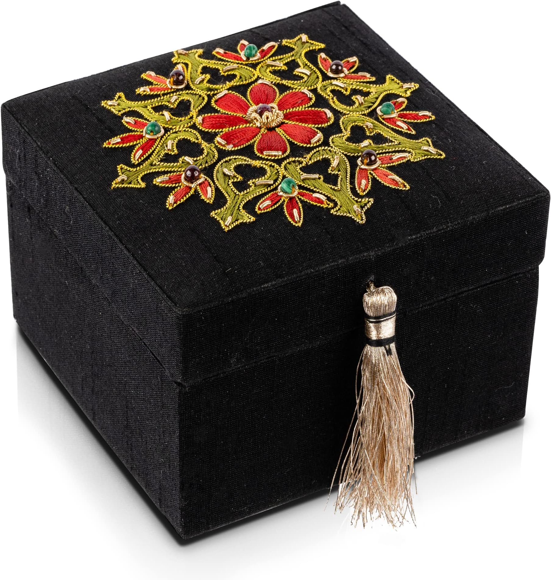 Handmade Embroidered Jewelry Storage Box with Ruby Gemstone, Small Decorative Keepsake Box, Trinket Box, Memento Box, Gift Presentation Box, Home Décor Accent