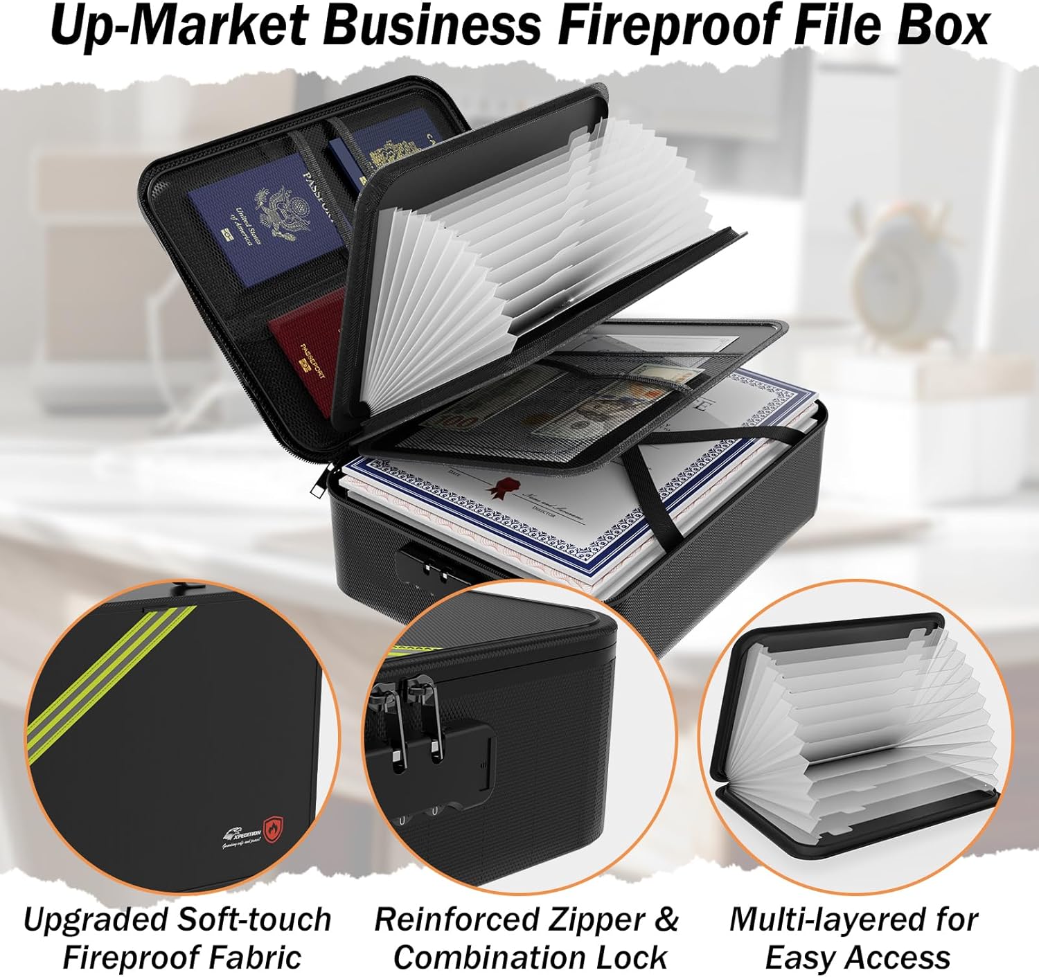 Large Fireproof Document Box with Lock,Upgraded Waterproof Fireproof Document Bag,Important Document Organizer Binder Hard Case Safe,5200℉ Fire Proof File Box,Portable for Business Travel Home