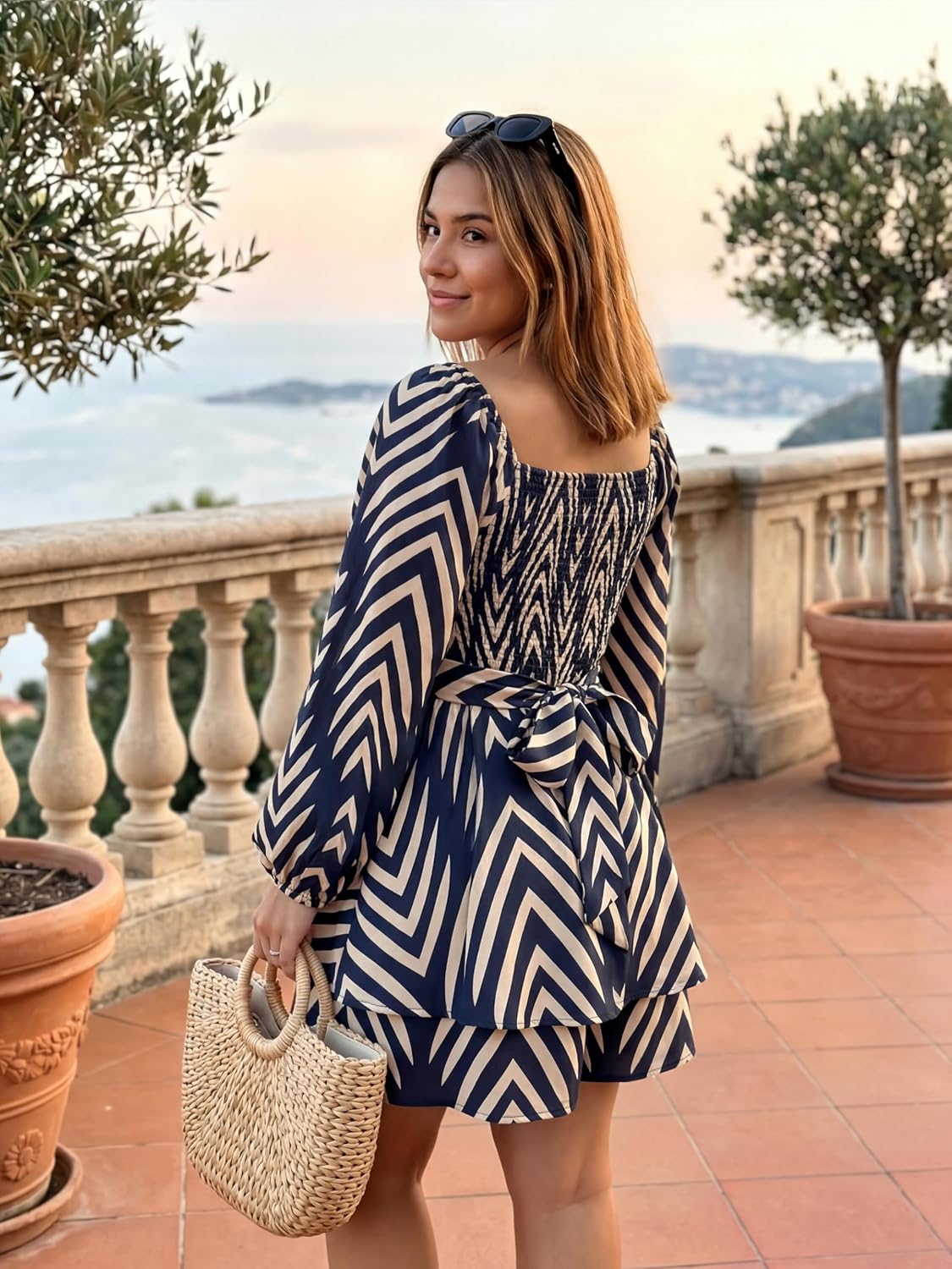 Womens Plus Size Romper Summer Long Sleeve Smocked Romper Dress Square Neck Boho Short Jumpsuits A Line Casual