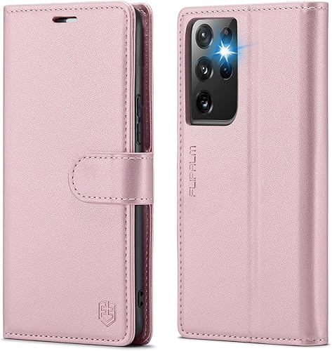Funda tipo cartera para Samsung Galaxy S21 Ultra con bloqueo RFID, soporte para tarjetas de crédito, de piel sintética, función atril, protección a