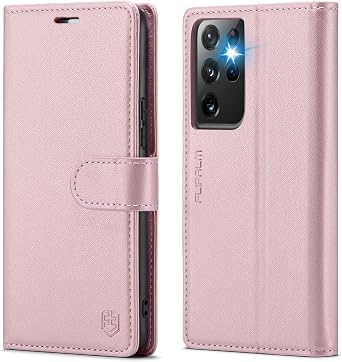 FLIPALM Wallet Case for Samsung Galaxy S21 Ultra, RFID Blocking Credit Card Holder, PU Leather Folio Flip Kickstand Protective Shockproof Cover for Samsung S21 Ultra Rose Gold