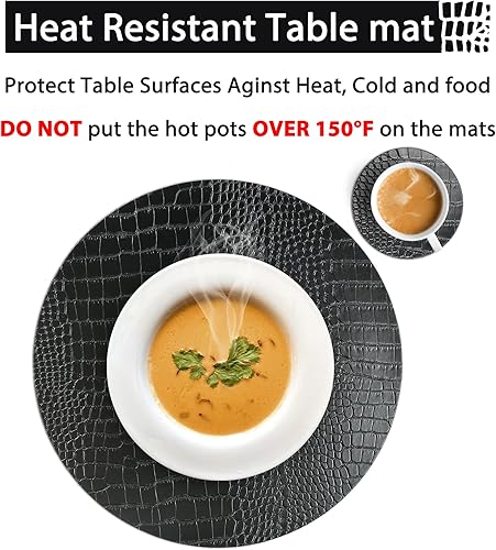 Miniatura 5 de Juego de 6 manteles individuales redondos de cuero para mesas redondas, manteles individuales y posavasos negros, lavables, fáciles de cuidar para