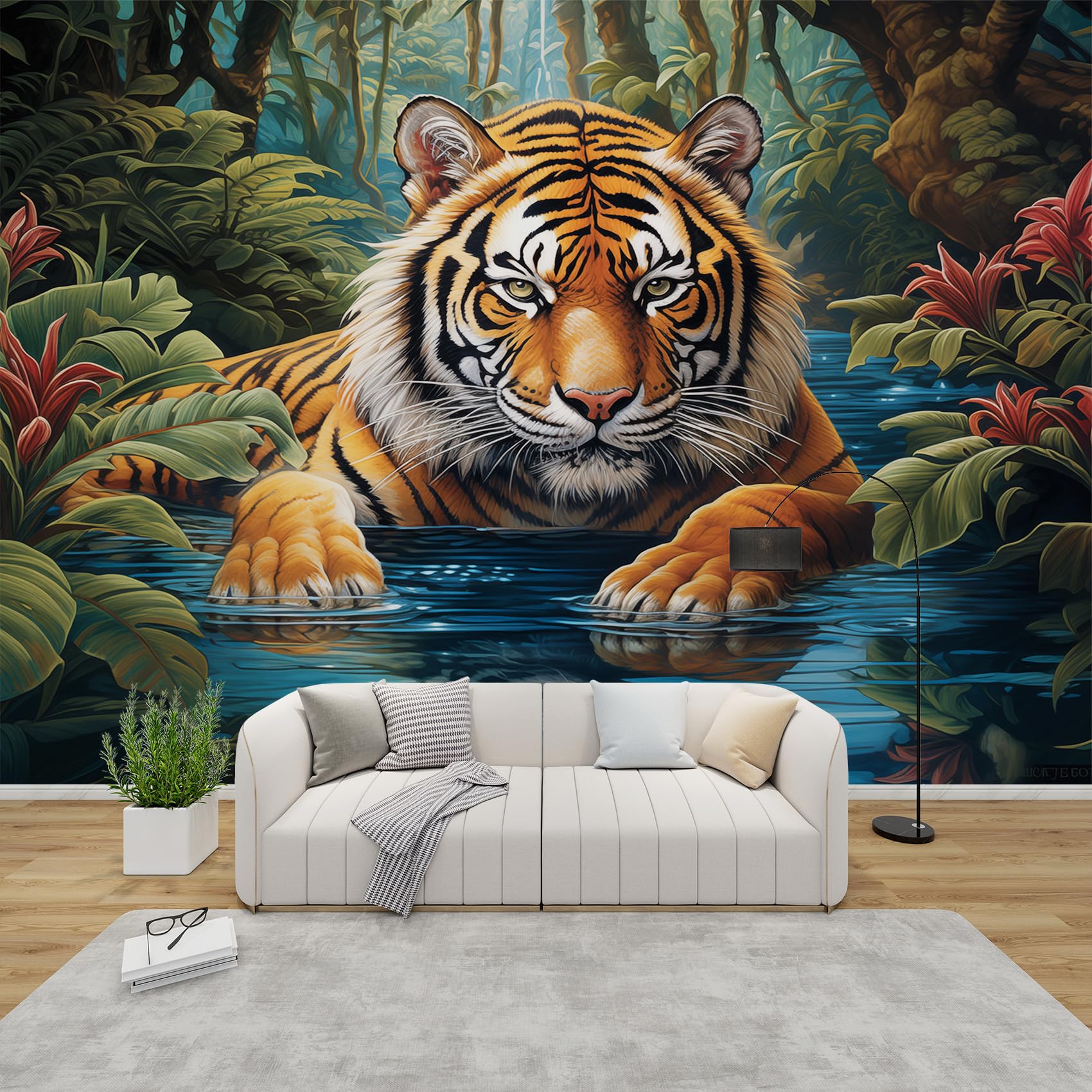AevuCub Tiger Wallpaper for Living Room - Jungle Wall Murals for Bedrooms, Wild Animal Wall Art, Non-Woven Photo Wallpaper 3D Effect, 450x315 cm