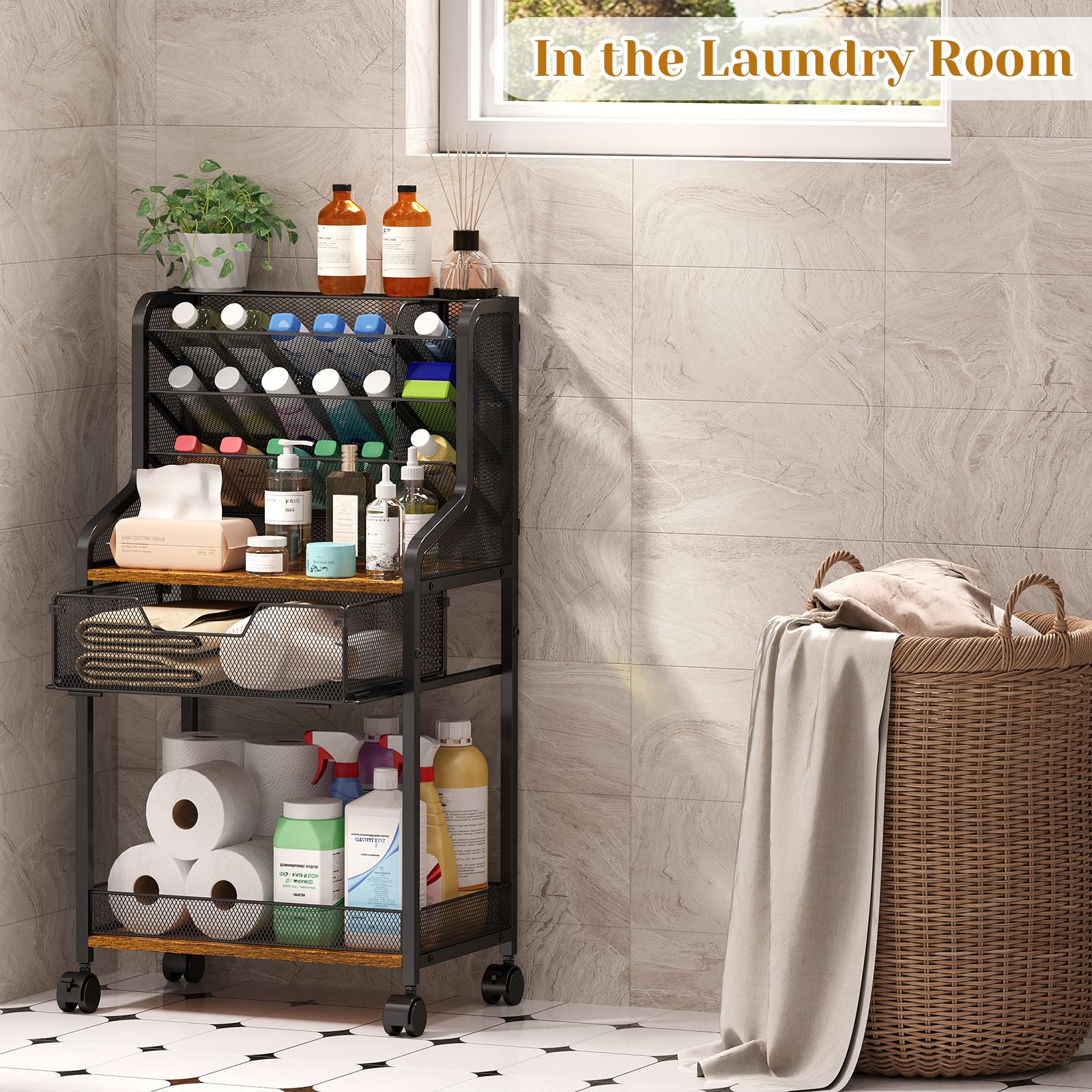 Jakyitvi 6-Tier Rolling Bathroom Storage Cart with Mesh Drawer, Metal Utility Cart with Lockable Wheels for Towels, Toiletries, and Cleaning Supplies, Organization Cart for Bathroom, Kitchen, Laundry