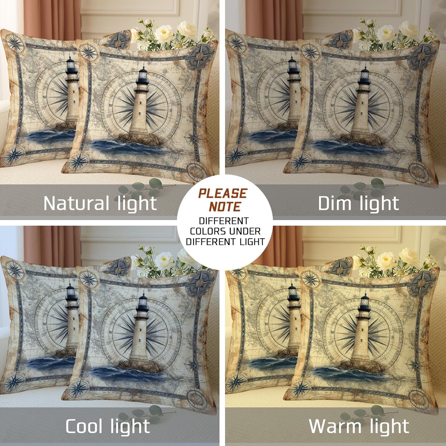 Nautical Lighthouse Throw Pillow Covers Set of 2, Antique Map Decorative Cushions, Coastal Home Decor for Sofa Couch, Beach Style Decorative Covers 24x24 Inch