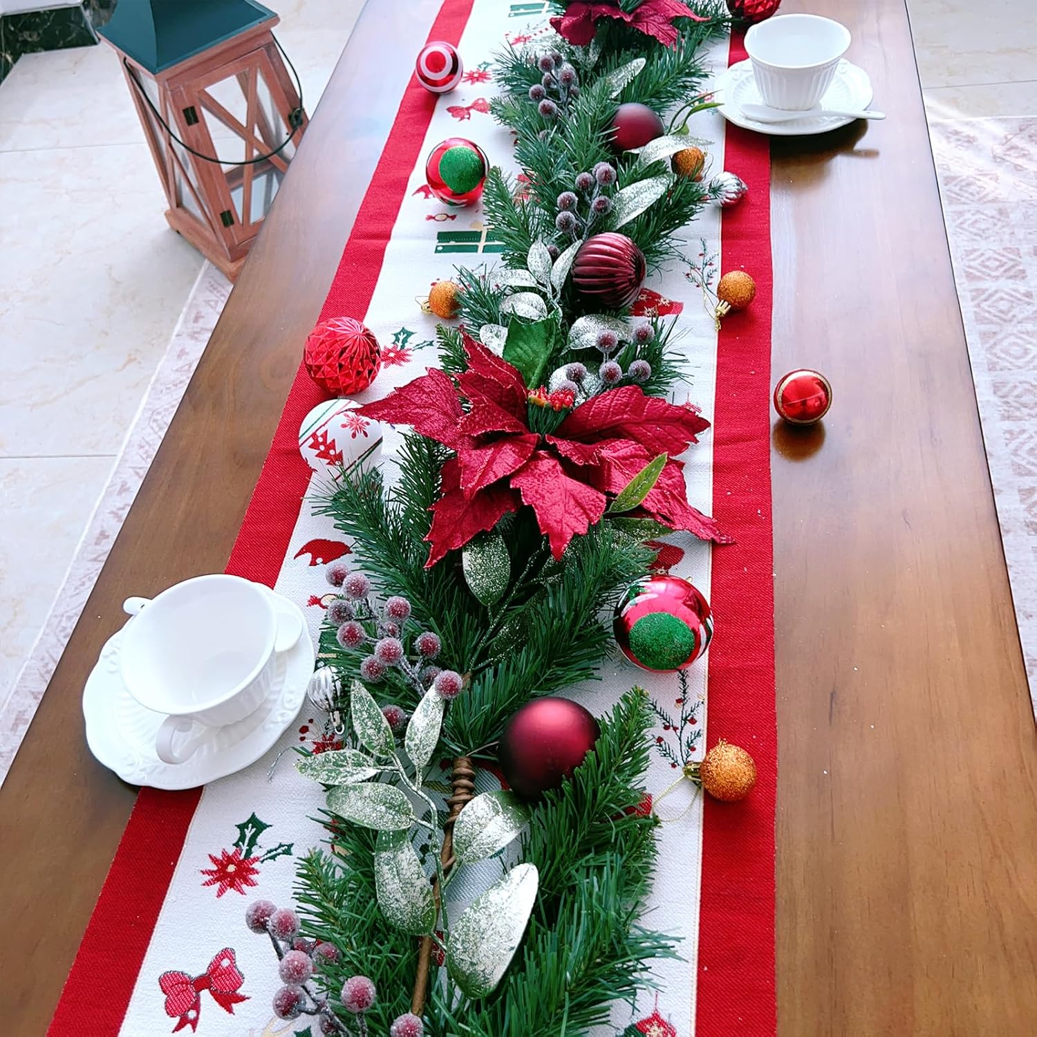 6 Ft Christmas Poinsettia Flower Garland for Door Mantle Fireplace, Winter Xmas Pine Garland with Balls Poinsettias Berries for Indoor Outdoor, Christmas Green Red Garlands for Home Decor
