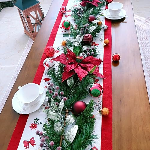 Miniatura 4 de Guirnalda de flores de Pascua de Navidad de 6 pies para chimenea, guirnalda de pino de Navidad de invierno con bolas, bayas de Pascua para