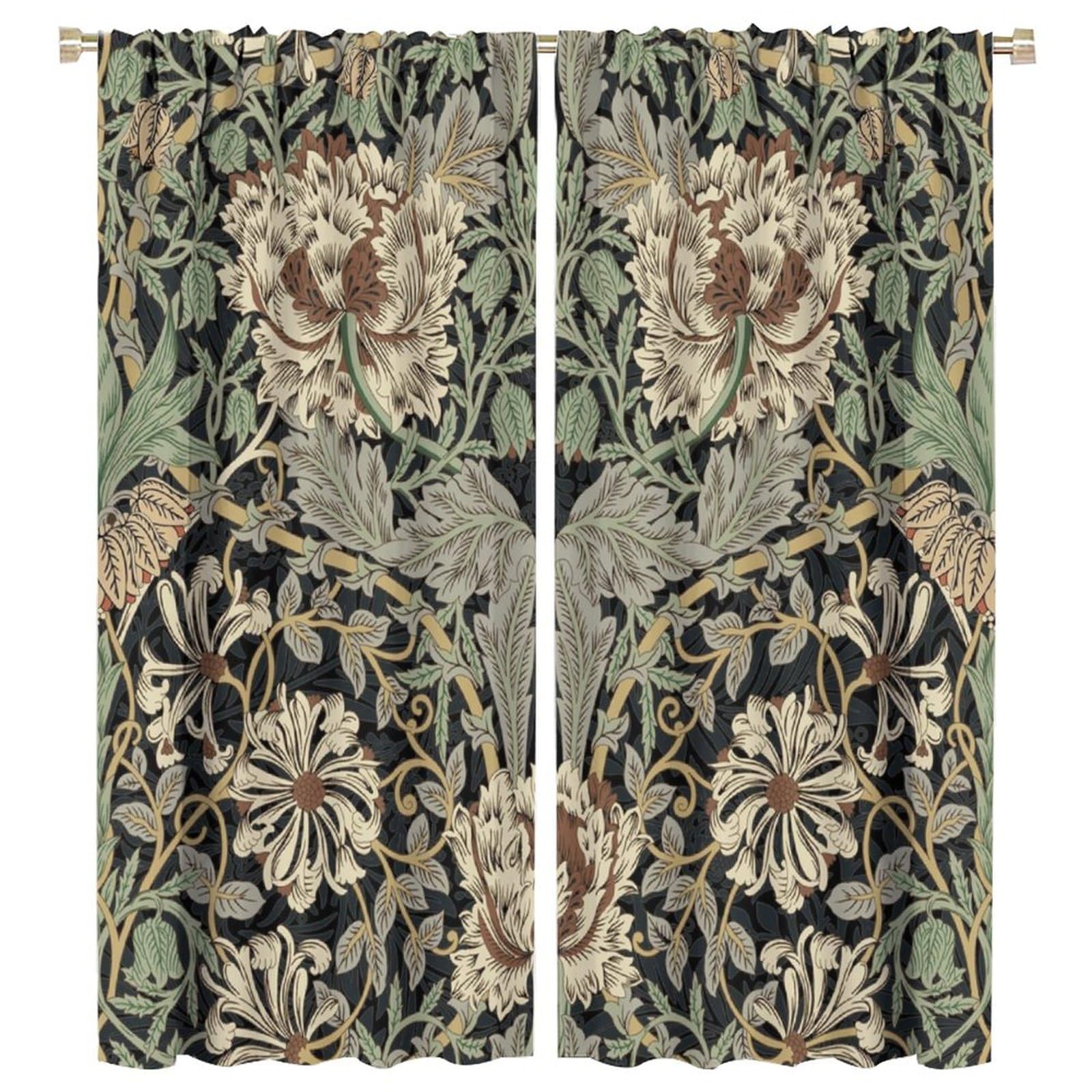 Coalho Vintage William Morris Florals Curtains Rustic Mid Century Boho Farm Daisy Green Leaves Window Drapes Blackout Curtains Thermal Insulated Rod Pocket Curtain For Bedroom-2 Panels 63"L X 27.5"W