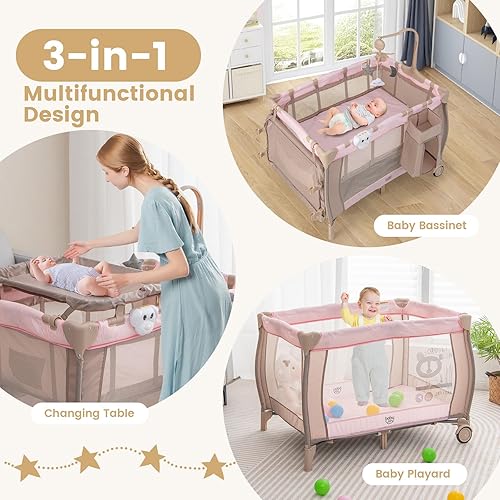 Miniatura 2 de Costzon 3 en 1 Rosa Pack and Play con Moisés, Corralito Portátil para Bebé con Mesa Cambiadora, Caja de Música, Juguetes Giratorios, Ruedas/Freno,