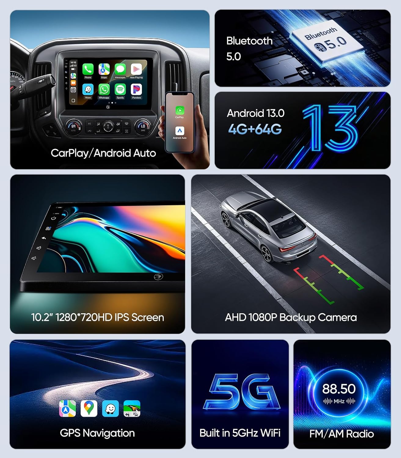 10.2" Car Radio Stereo for Chevy Silverado & GMC Sierra 2014-2018,Android 13 Touch Screen with CarPlay,Android Auto,GPS Navigation,1080P Backup Camera,Bluetooth,WiFi,SWC,FM,AM (4G+64G)