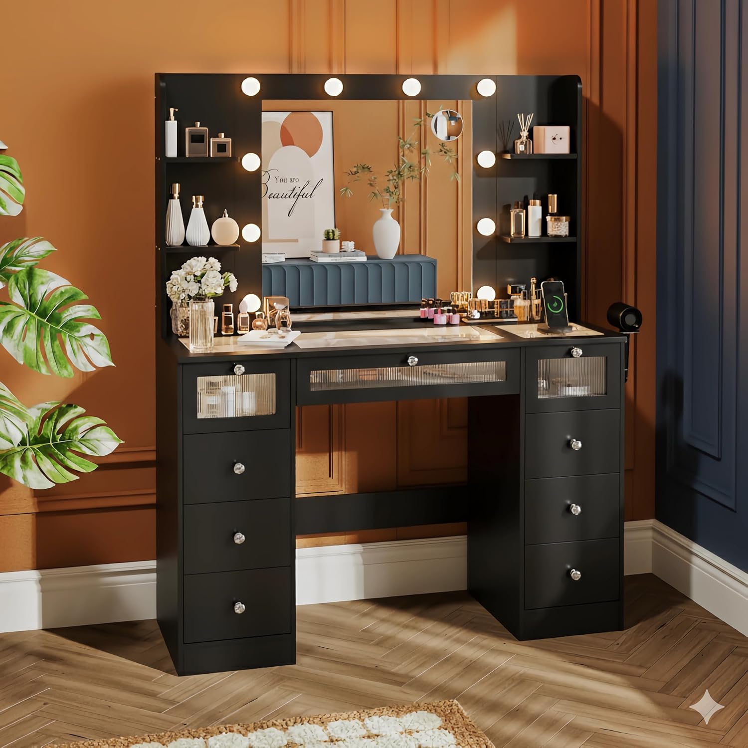 Close-up of the glass top compartments filled with various beauty products.