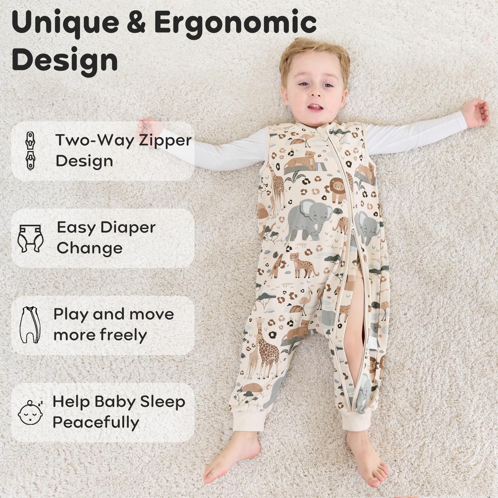 Unnivoll Sacco nanna con piedi, 0,5 Tog, sacco nanna estivo per bambini, in cotone, con gambe, morbido, 100 cm, per ragazzi e ragazze, beige, grigio, elefanti