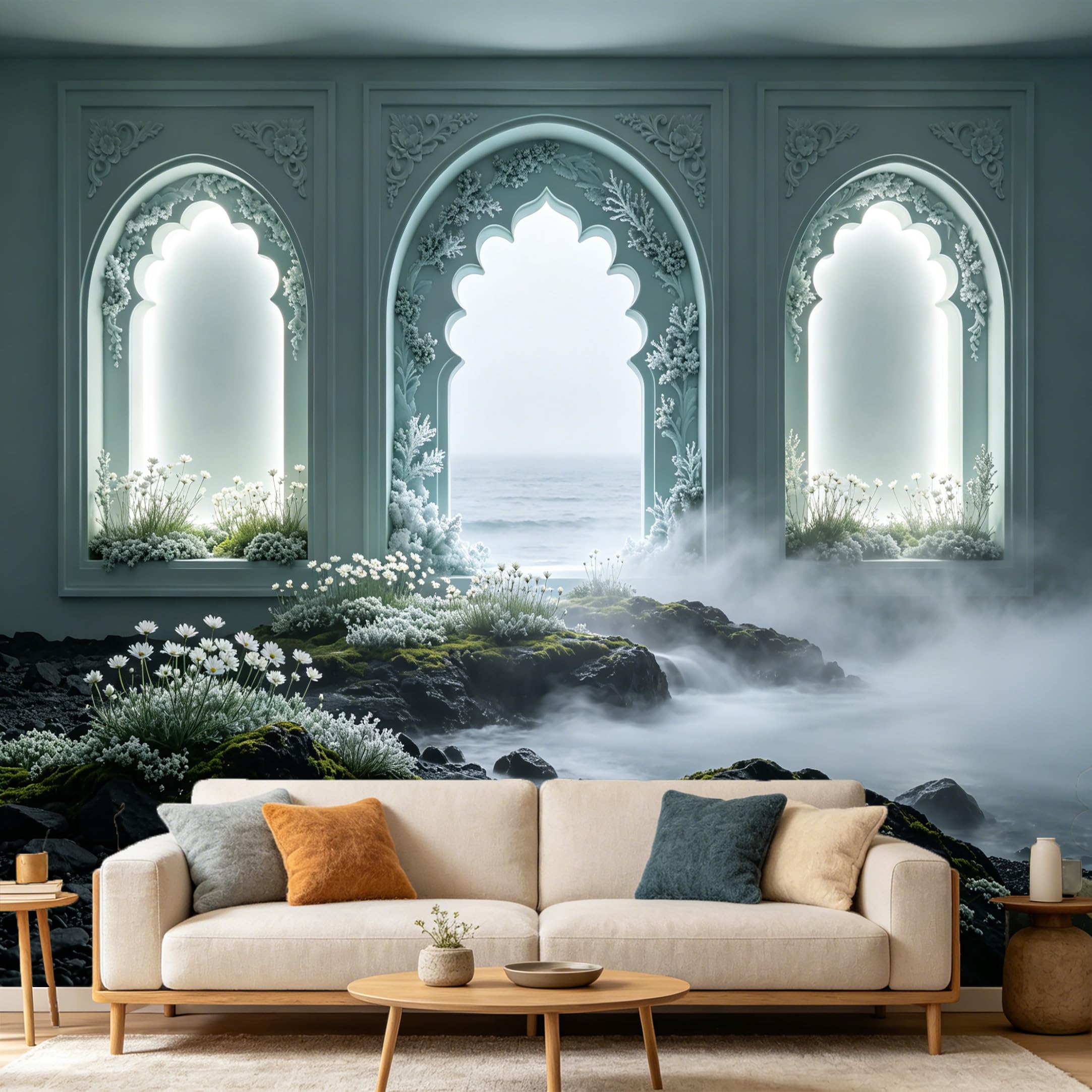 Custom Size Wall Mural， 3D Archway Coastal Ocean View White Flowers Misty Rocks， SelfAdhesive Art Prints wall Fabric Removable Large Wallpaper Home Living Room Decor